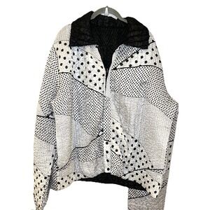 Women's Reversible Zip Coat Stretchy Crinkle Jacket Travel Black White Polka Dot